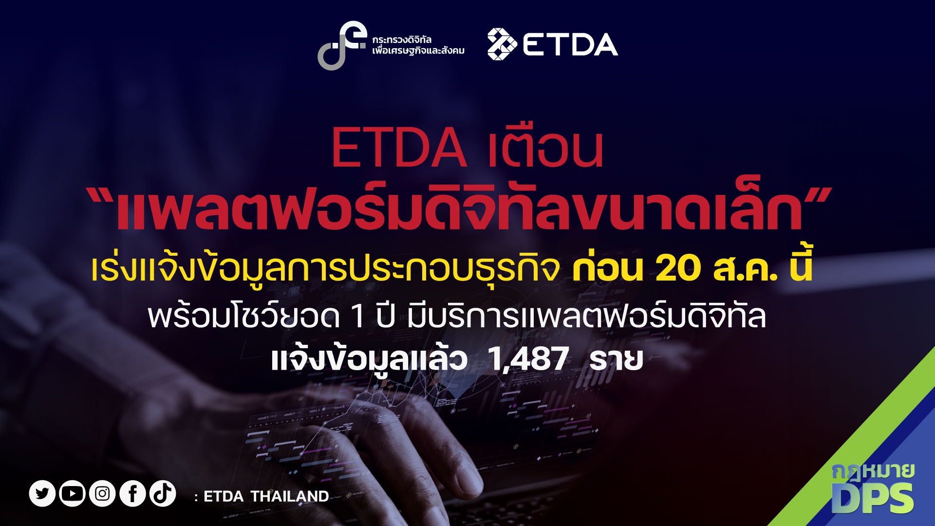 ETDA เตือน “แพลตฟอร์มดิจิทัลขนาดเล็ก”  เร่งแจ้งข้อมูลการประกอบธุรกิจ ก่อน 20 ส.ค. นี้  พร้อมโชว์ยอด 1 ปี มีบริการแพลตฟอร์มดิจิทัล แจ้งข้อมูลแล้ว 1,487 ราย